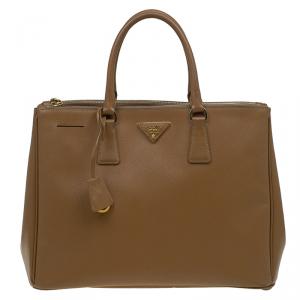 Pre Owned Prada Caramel Saffiano Lux Leather Large Double Zip Tote