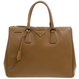 Pre Owned Prada Brown Saffiano Lux Leather Large Double  Zip Tote
