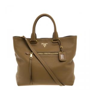 Pre Owned Prada Brown Vitello Daino Leather Shopping Tote