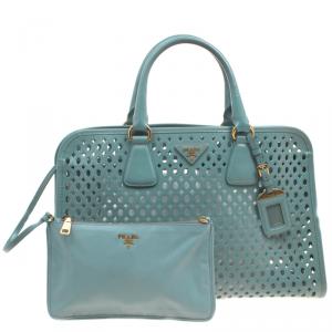 Pre Owned Prada Reef Green Perforated Saffiano Fori Leather Satchel