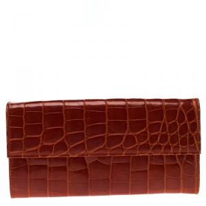 Pre Owned Prada Red Orange Crocodile Long Wallet