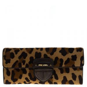 Pre Owned Prada Leopard Print Calf Hair Continental Wallet