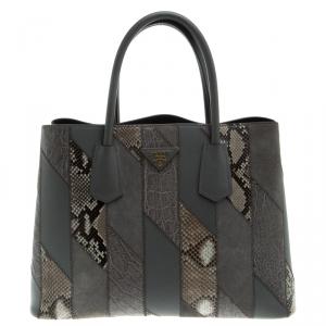 Pre Owned Prada Grey Exotic Skin and Leather Patchwork Double Handle Tote