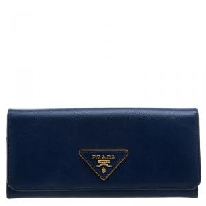 Pre Owned Prada Blue Saffiano Leather Continental Wallet