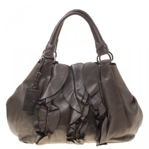 Pre Owned Prada Metallic Grey Nappa Leather Ruffle Hobo 