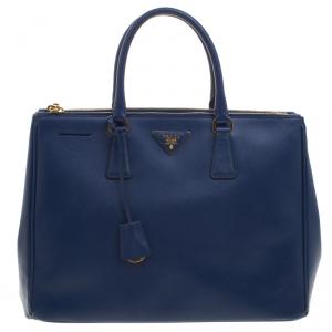 Pre Owned Prada Blue Saffiano Lux Leather Large Double Zip Tote