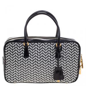 Pre Owned Prada Black/White Woven Leather Bowler Bag