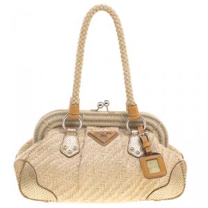 Pre Owned Prada Beige/Gold Jute and Snakeskin Frame Satchel
