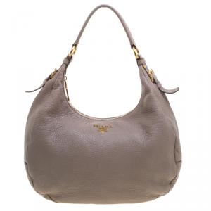Pre Owned Prada Grey Pebbled Leather Hobo