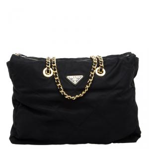 Pre Owned Prada Black Quilted Nylon Chain Tote