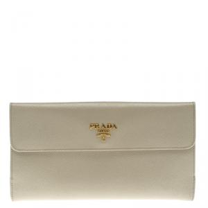 Pre Owned Prada Off White Saffiano Leather Long Flap Wallet