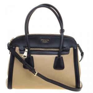 Pre Owned Prada Beige/Black Leather Double Zip Convertible Tote