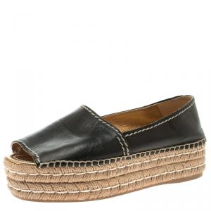 Pre Owned Prada Black Leather Open Toe Platform Espadrilles Size 39.5
