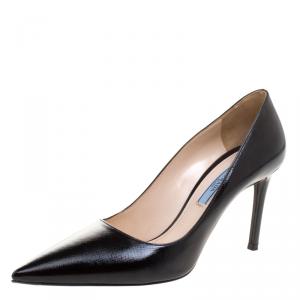 Pre Owned Prada Black Patent Saffiano Leather Pointed Toe Pumps Size 38