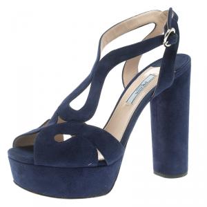 Pre Owned Prada Blue Cutout Suede Block Heel Ankle Strap Platform Sandals Size 39.5