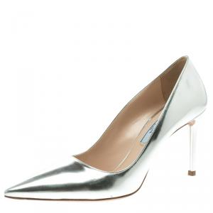 Pre Owned Prada Silver Metallic Leather Pointed Toe Pumps Size 37