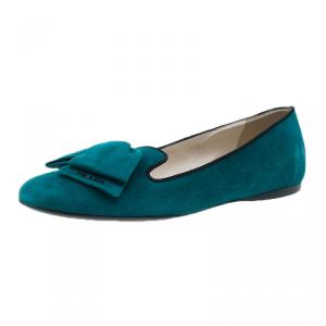 Pre Owned Prada Turquoise Suede Bow Smoking Slippers Size 40.5