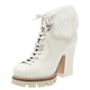 Pre Owned Prada Cream Leather Lace Up Fur Ankle Boots Size 39.5