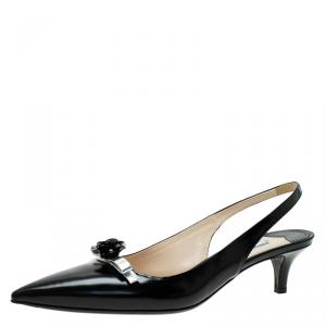 Pre Owned Prada Black Leather Spac Bic Rose Detail Slingback Sandals Size 39.5