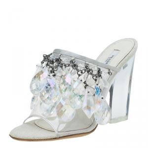 Pre Owned Prada Grey Satin and PVC Plex Crystal Chandelier Mules Size 38