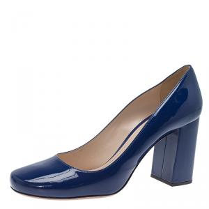 Pre Owned Prada Navy Blue Patent Square Toe Block Heel Pumps Size 40.5