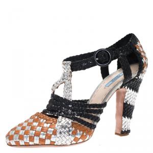 Pre Owned Prada Multicolor Woven Leather Strappy Pumps Size 39