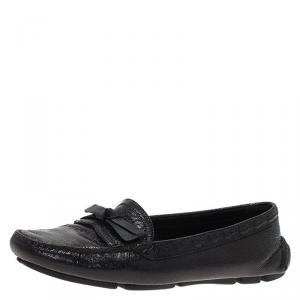 Pre Owned Prada Black Crackled Leather Bow Loafers Size 37