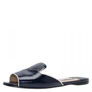 Pre Owned Prada Blue Patent Saffiano Leather Flat Slides Size 37