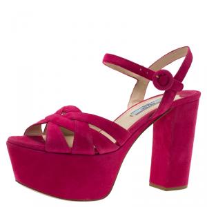 Prada Pink Suede Block Heel Platform Sandals Size 37.5