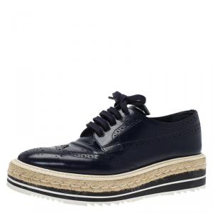 Pre Owned Prada Blue Brogue Leather Wingtip Platform Espadrille Oxfords Size 39