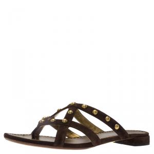 Pre Owned Prada Brown Studded Leather Flat Slides Size 42