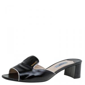 Pre Owned Prada Black Patent Saffiano Leather Block Heel Slides Size 40