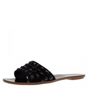 Prada Black Suede Studded Flat Slides Size 38.5