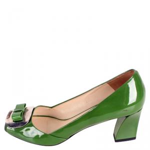 Pre Owned Prada Green Patent Leather Bow Block Heel Pumps Size 38