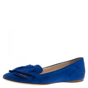 Pre Owned Prada Blue Suede Bow Smoking Slippers Size 37.5