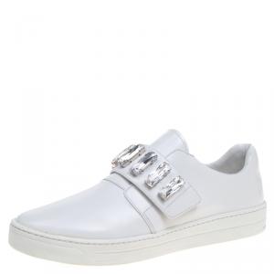 Pre Owned Prada White Crystal Embellished Leather Velcro Sneakers Size 40