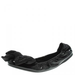 Pre Owned Prada Sport Black Patent Leather Bow Detail Ballet Flats Size 39