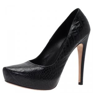 Pre Owned Prada Black Croc Embossed Platform Pumps Size 39