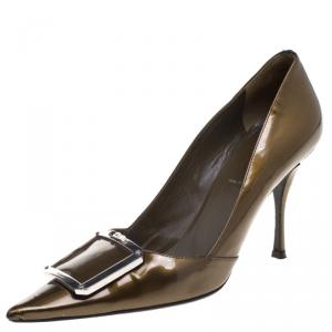 Pre Owned Prada Brown Metallic Patent Leather Pointed Toe Buckle Pumps Size 37