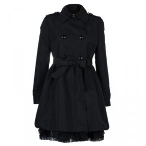 RED Valentino Black Double Breasted Lace Underlay Belted Trench Coat M