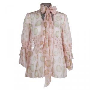 Red Valentino Blush Pink Polka Dot Print Crinkled Chiffon Smocking Detail Sheer Blouse M