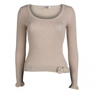 RED Valentino Beige Lurex Rib Knit Bow Detail Fitted Sweater M