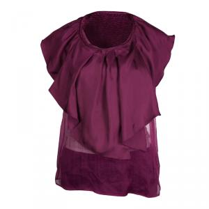 Red Valentino Burgundy Ruffle Overlay Sheer Top M