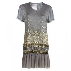 Pre Owned RED Valentino Grey Embellished Mesh Overlay Ruffle Bottom Dress S