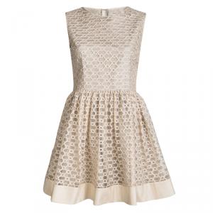 Pre Owned Red Valentino Beige Ribbon Mesh Overlay Gathered Sleeveless Dress M