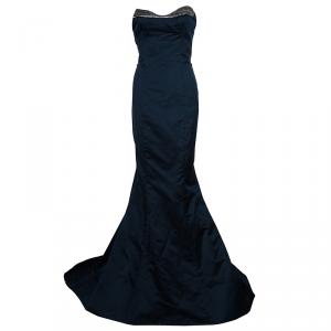Reem Acra Navy Blue Strapless Silk Gown