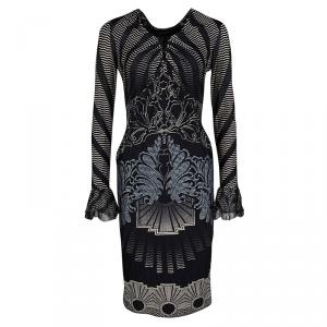 مملوكة مسبقًا Roberto Cavalli Black Printed Knit Ruched Long Sleeve Dress M