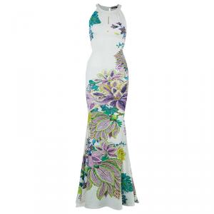 مملوكة مسبقًا فستان روبرتو كافالي أبيض طباعة موردة S