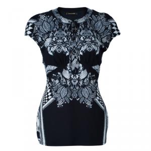Pre Owned Roberto Cavalli Monochrome Silk Printed Top M