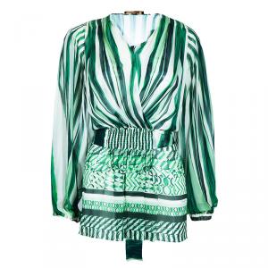Pre Owned Roberto Cavalli Green Print Chiffon Top M